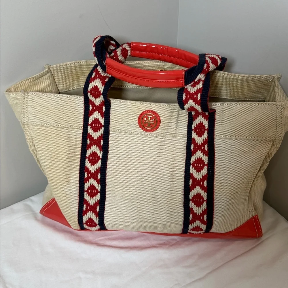 Tory Burch canvas and patent leather mini tote bag in a cream and red colorway